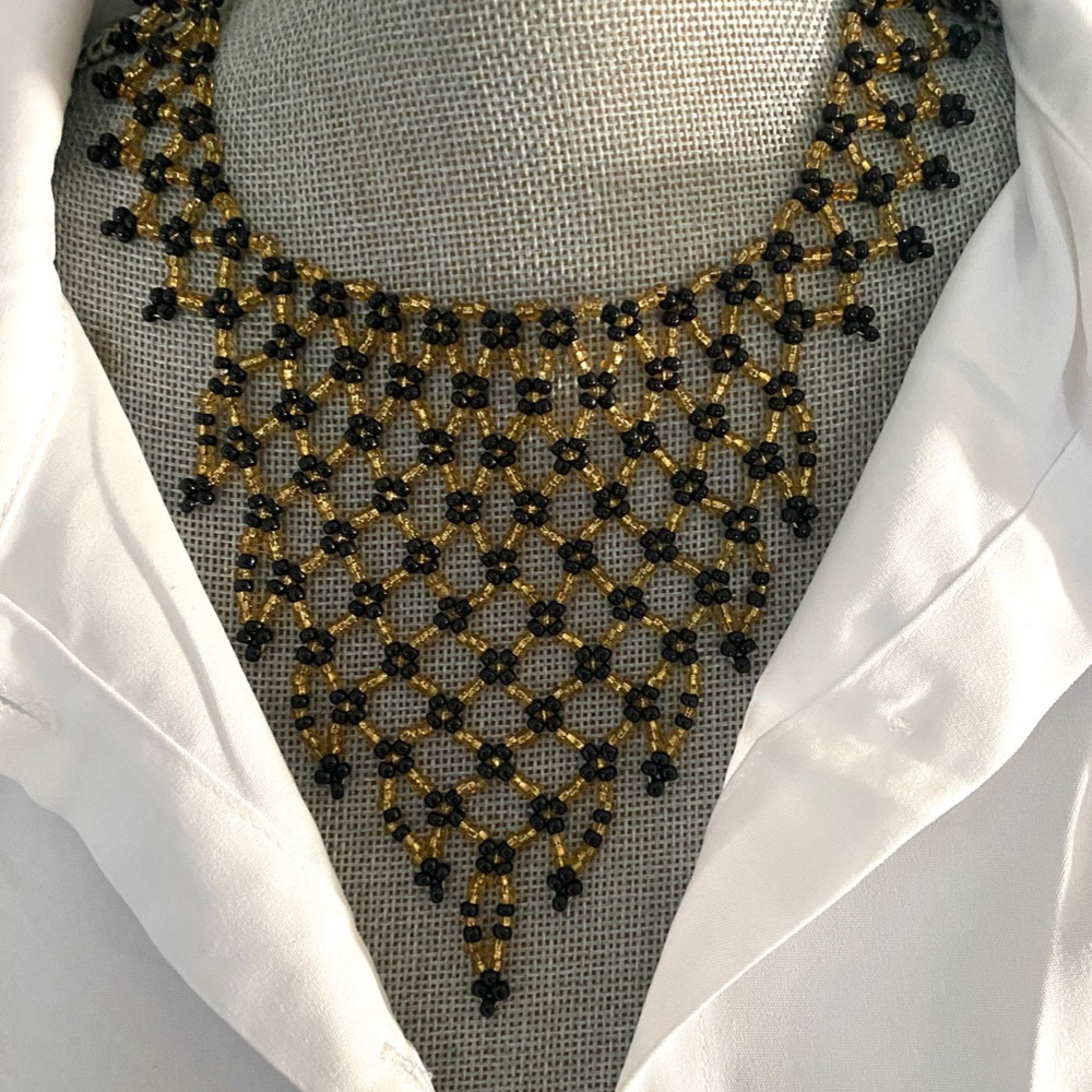 Vintage Hand Beaded Black & Gold Bib Collar Necklace